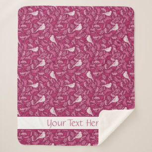 Bright Pink Mauve Winter White Bird Floral Pattern Sherpa Blanket