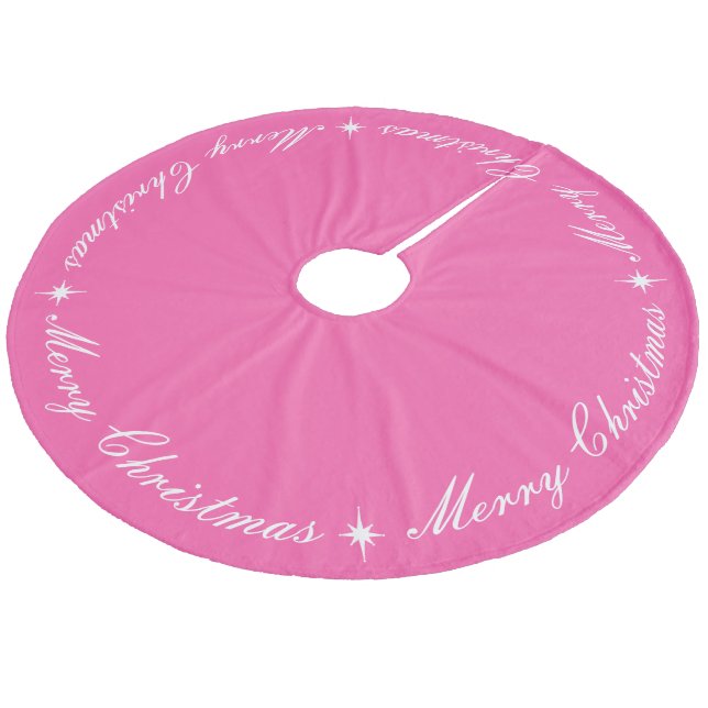 Bright Pink Merry Christmas Script Fleece Tree Skirt (Angled)