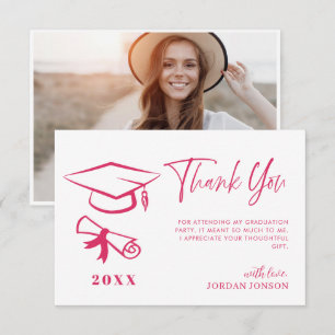 Bright Pink Minimalist Modern Graduation Photo Thank You Card