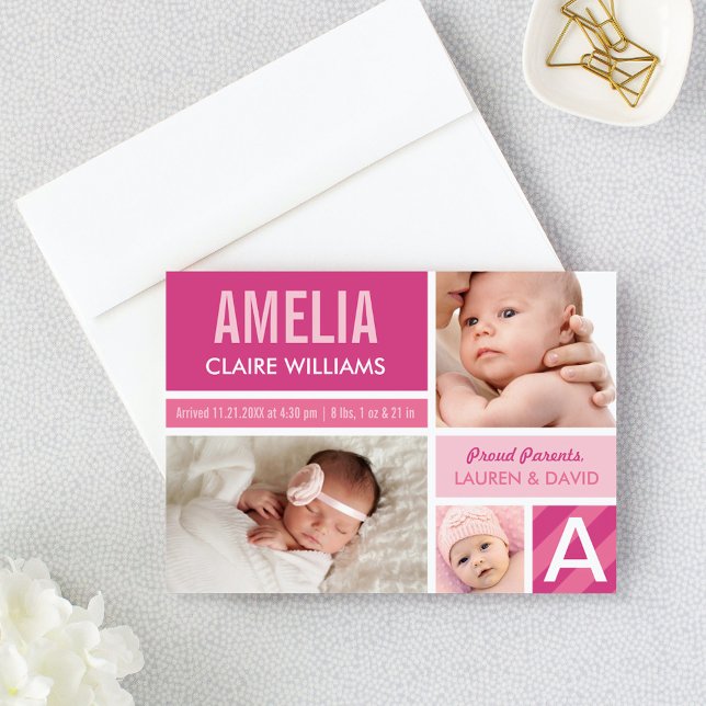 Bright Pink Modern Photo Collage Baby Girl Birth Announcement (Creator Uploaded)