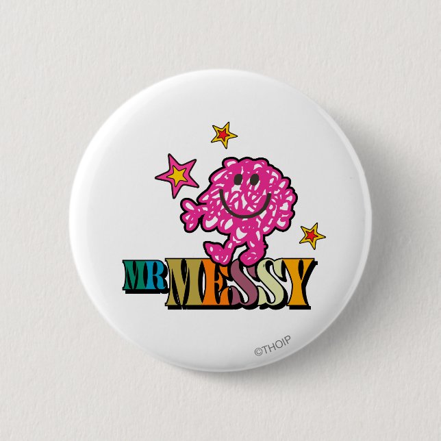 Bright Pink Mr. Messy | Sparkling Stars 2 Inch Round Button (Front)