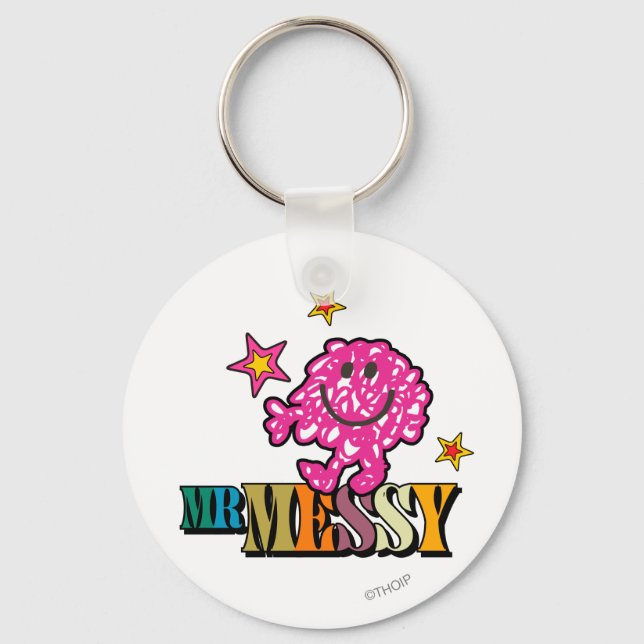 Bright Pink Mr. Messy | Sparkling Stars Keychain (Front)