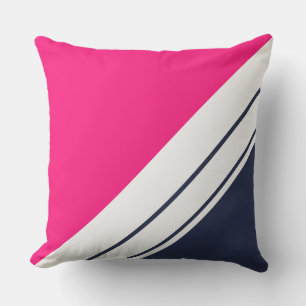 Bright Pink Navy Diagonal White Racing Stripes Outdoor Pillow