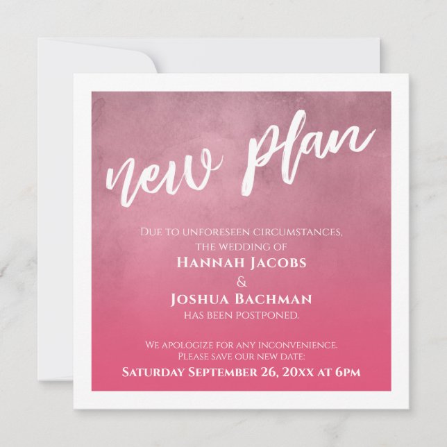 Bright Pink Ombre Postponed Wedding New Plan Card (Front)