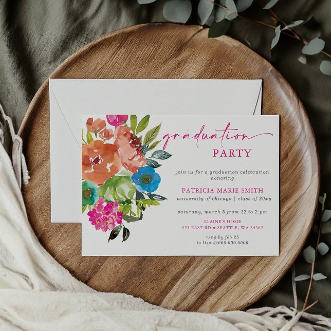 Bright Pink Orange Floral Graduation Party Invitation (Bright Pink Orange Floral Graduation Party Invitation)