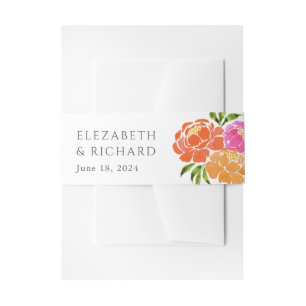 Bright Pink Orange Floral Wedding  Invitation Belly Band