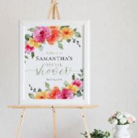 Bright pink orange peony bridal shower welcome