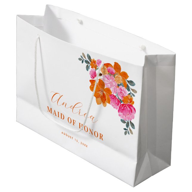 Bright Pink Orange Vibrant Floral Maid of Honour Large Gift Bag (Front Angled)