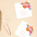 Bright Pink & Orange Vibrant Summer Floral Wedding Square Paper Coaster<br><div class="desc">Celebrate your wedding with these stylish,  vibrant paper coasters,  featuring custom text & colourful floral. Easily add your details by clicking on the "personalize" option.</div>