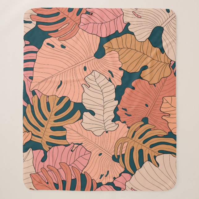 Bright pink, orange, yellow leaves of monstera and sherpa blanket (Front)