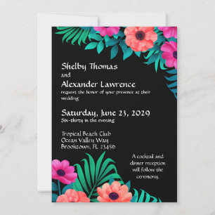 Bright Pink, Peach & Green on Black Wedding Invitation