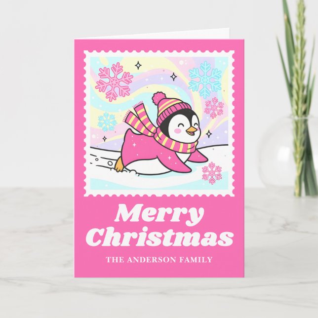 Bright Pink Penguin Christmas Postage Stamp Holiday Card (Front)