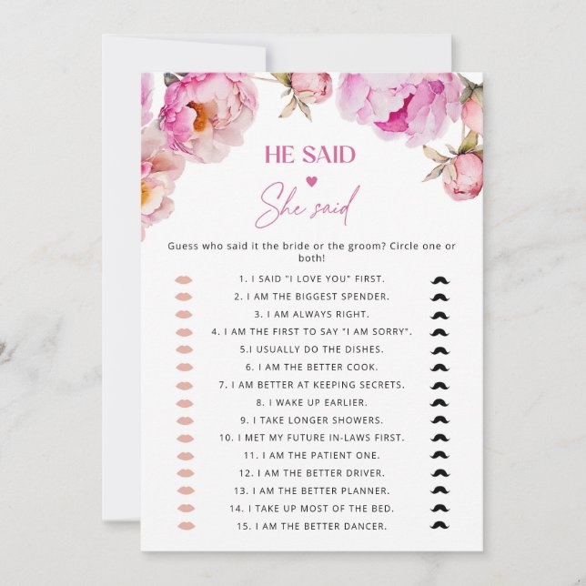 Bright pink peony He sais she said Bridal game Invitation (Front)