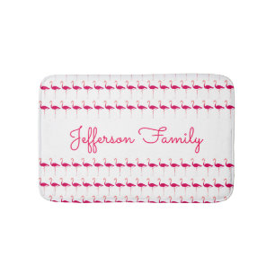 Bright Pink Personalized Watercolor Flamingo Print Bath Mat