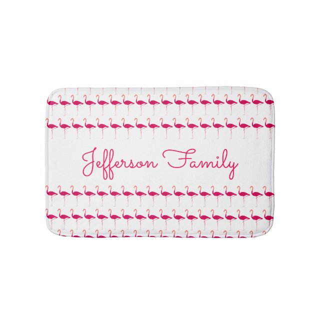 Bright Pink Personalized Watercolor Flamingo Print Bath Mat (Front)