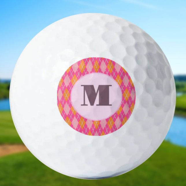 Bright Pink preppy argyle custom monogram ladies Golf Balls (Creator Uploaded)