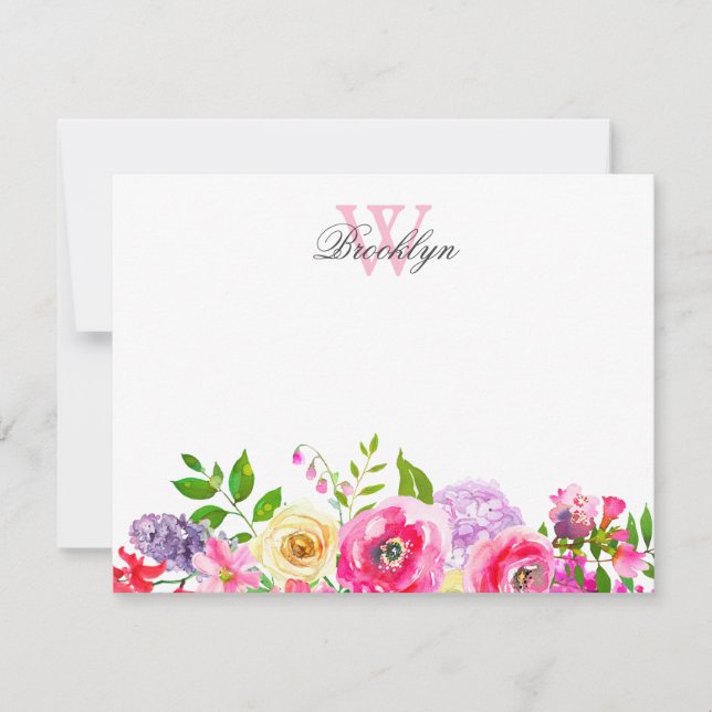 Bright Pink Purple Floral Monogrammed Note Card (Front)