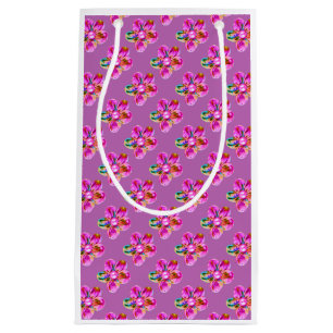 Bright pink, purple hand sewn flowers on magenta small gift bag