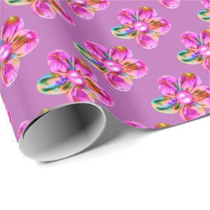 Bright pink, purple hand sewn flowers on magenta wrapping paper