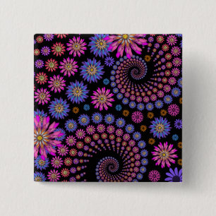 Bright Pink Purple Orange Flowers on Black 2 Inch Square Button
