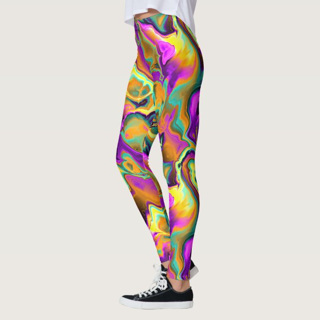 Bright Pink Purple Teal Turquoise Marble Fractals Leggings (Left)