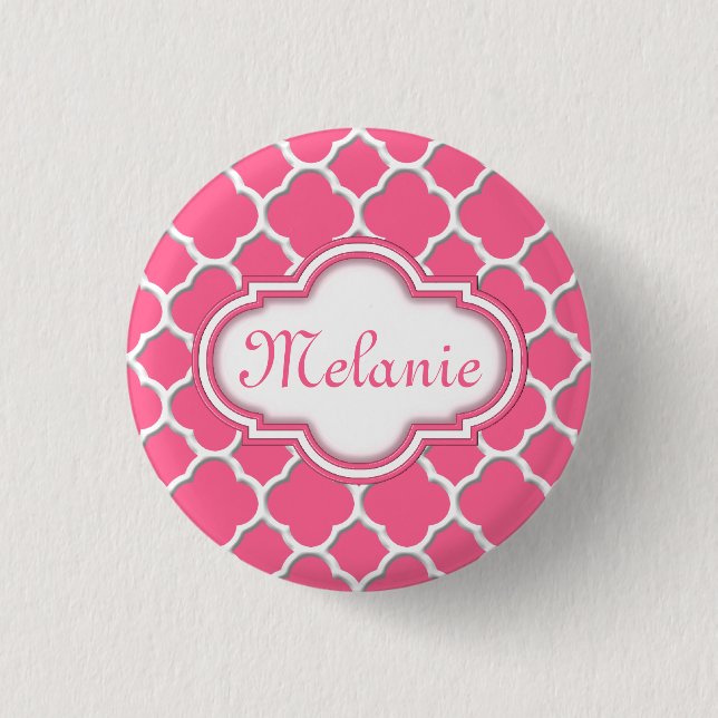 Bright Pink Quatrefoil Trellis Pattern 1 Inch Round Button (Front)
