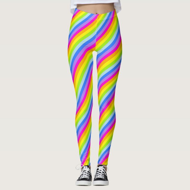 Bright pink rainbow striped leggings (Front)