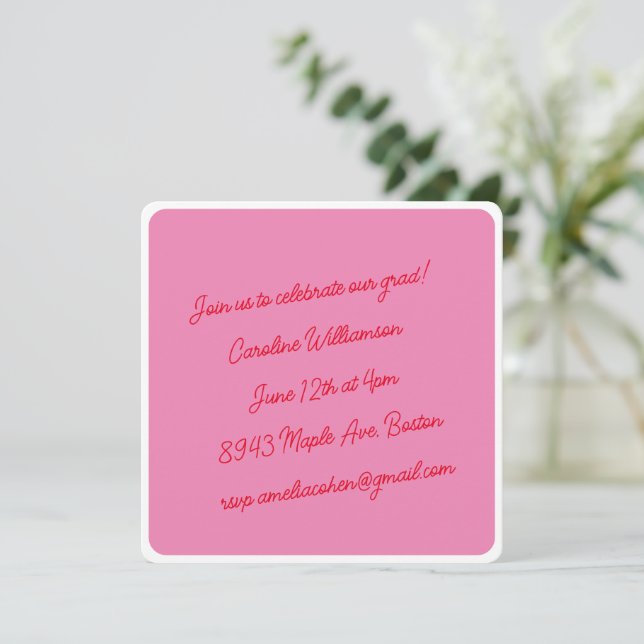 Bright Pink Red Script Minimalist Graduation Party Invitation (Standing Front)