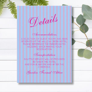 Bright Pink Retro Blue Pink Stripe Wedding Details Enclosure Card
