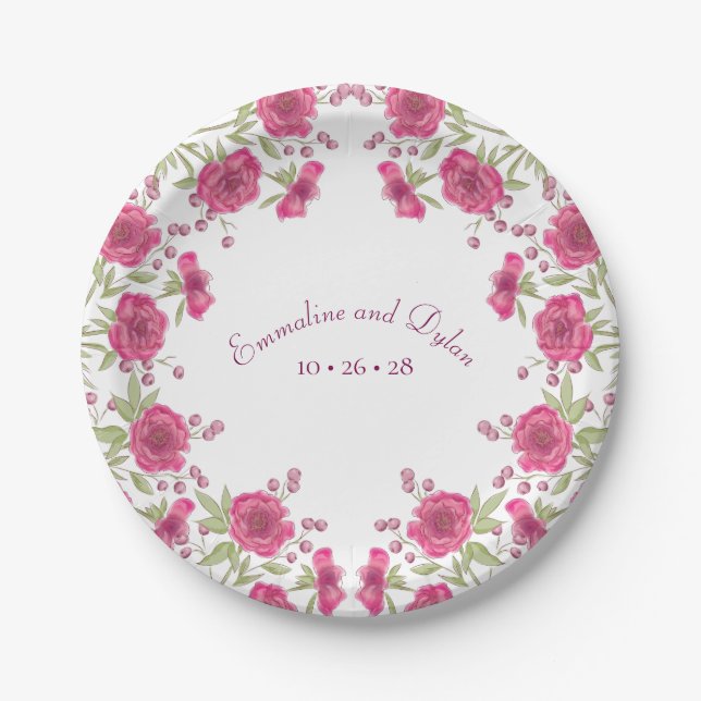 Bright Pink Rose Wedding Paper Plate (Front)