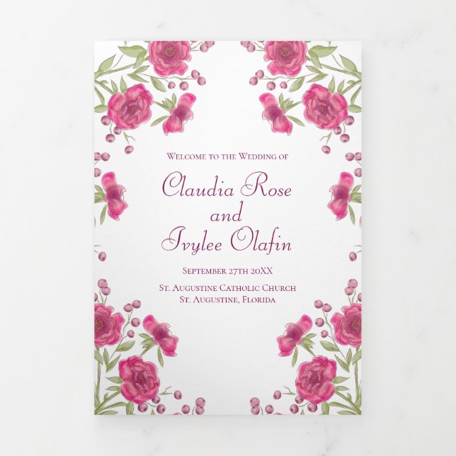 Bright Pink Rose Wedding Programs Tri-Fold Programme (Cover)