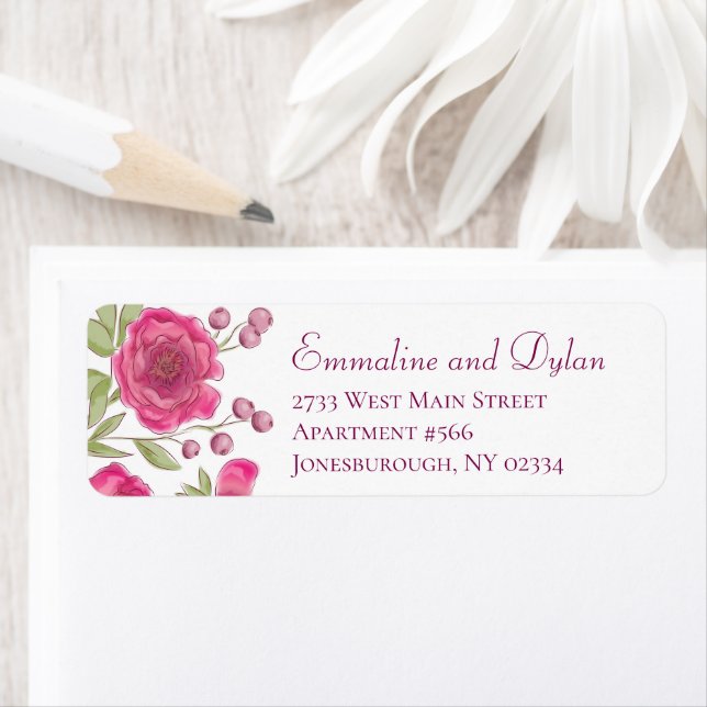 Bright Pink Rose Wedding Return Address Labels (Insitu)