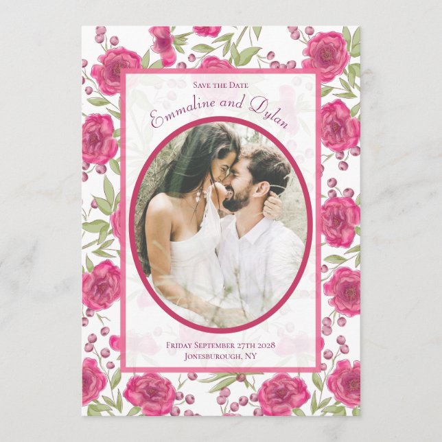 Bright Pink Rose Wedding Save the Date Invitation (Front)