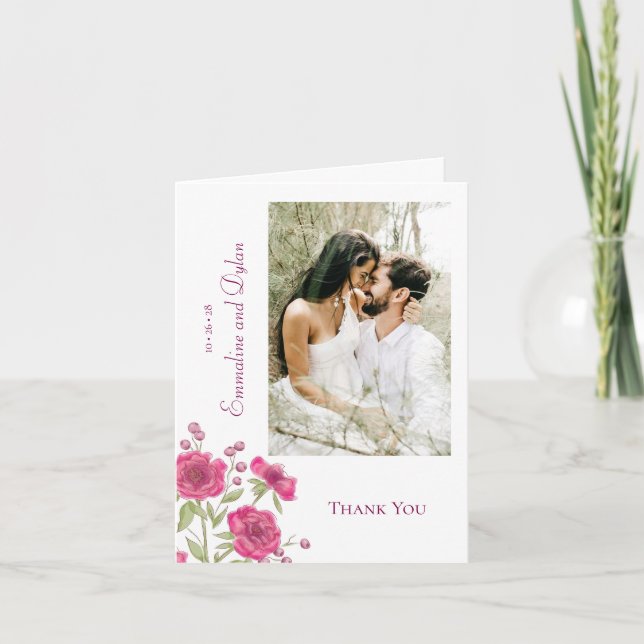 Bright Pink Rose Wedding Thank You Cards Photo (Front)