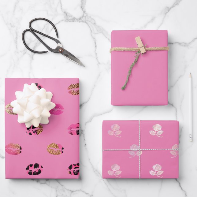 Bright Pink Roses and Leopard Lips Wrapping Paper Sheet (Front)