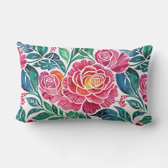 Bright Pink Roses and Teal Floral Lumbar Pillow (Back)