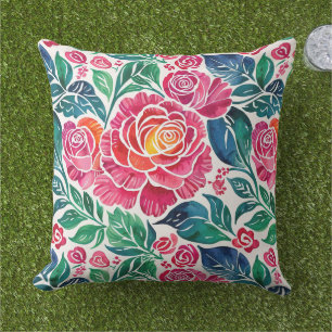 Bright Pink Roses and Teal Floral Outdoor Pillow