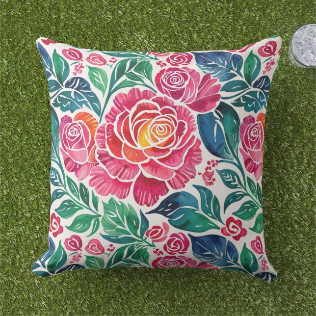 Bright Pink Roses and Teal Floral Outdoor Pillow (Grass)