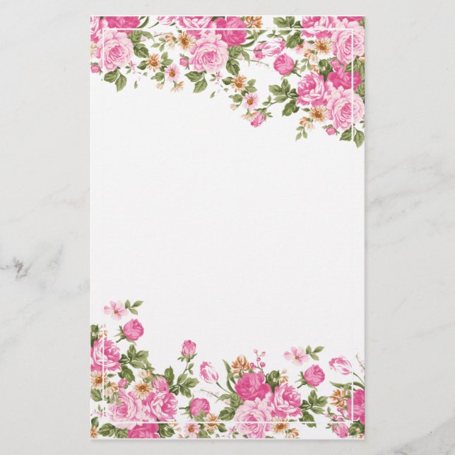 Bright Pink Roses and White Line Frame Stationery (Front)