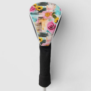 Bright Pink Roses & Sunflowers on Abstract Golf Head Cover