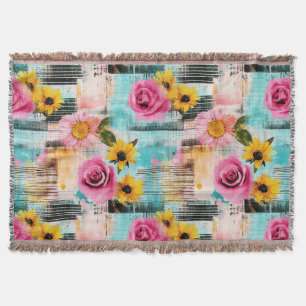 Bright Pink Roses & Sunflowers on Abstract Throw Blanket