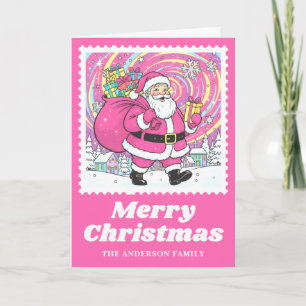 Bright Pink Santa Claus Christmas Postage Stamp Holiday Card
