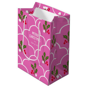 Bright Pink Scallop Tile Christmas Sprigs Medium Gift Bag