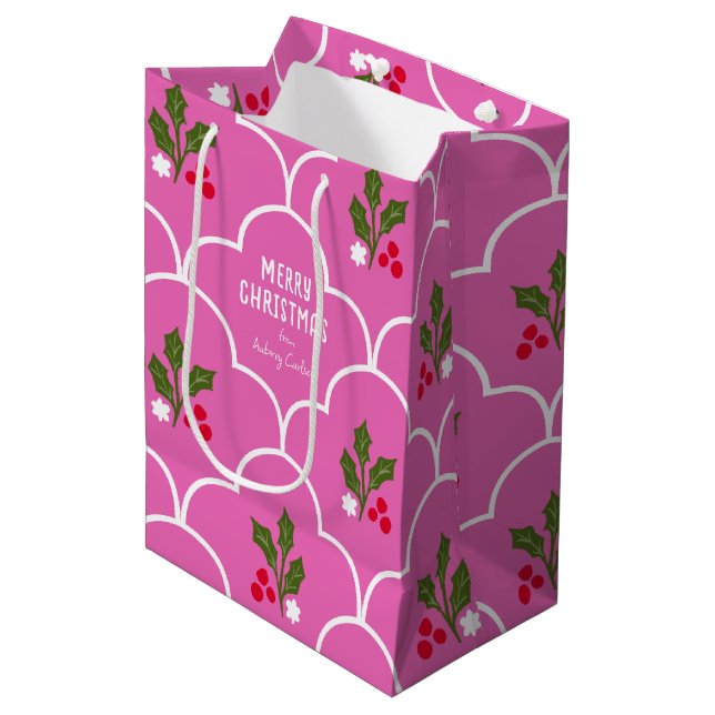 Bright Pink Scallop Tile Christmas Sprigs Medium Gift Bag (Front Angled)