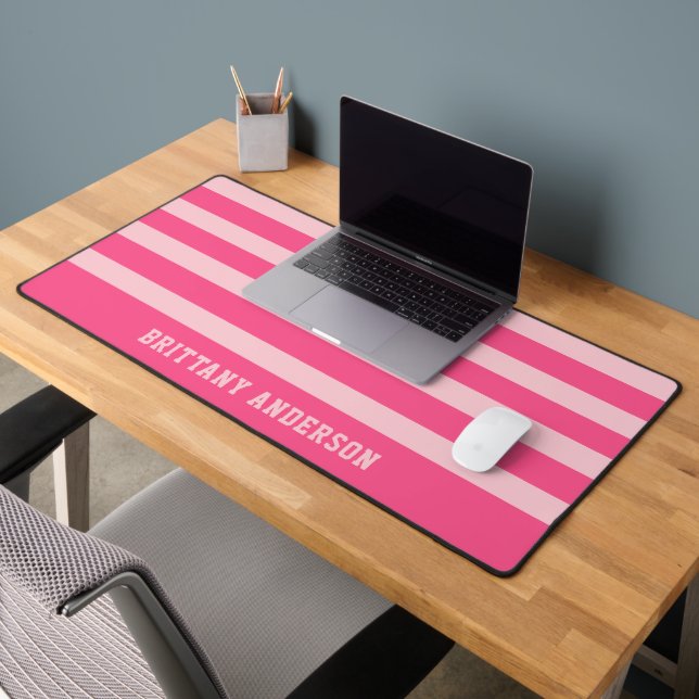 Bright Pink & Soft Blush Pink Stripes Pattern Name Desk Mat (Office 2)