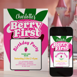 Bright Pink Strawberry Berry First Birthday Invitation