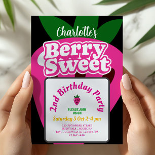 Bright Pink Strawberry Berry Sweet Birthday Invitation