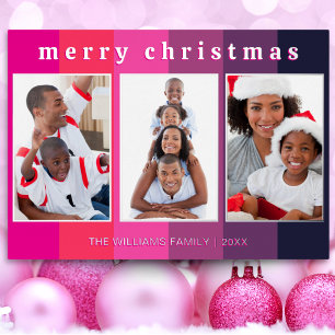 Bright Pink Stripe 3 Photo Gallery Merry Christmas Foil Holiday Card