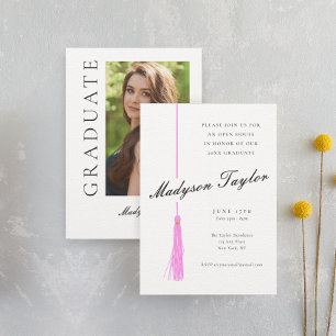 Bright Pink Tassel Modern Photo Graduation Invitation