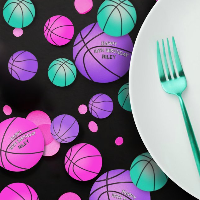Bright Pink Teal Purple Basketball Happy Birthday Confetti (Creator Uploaded)